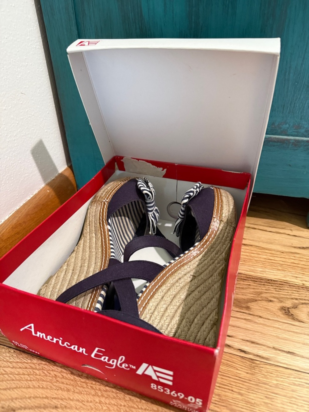 American Eagle By Payless Navy and Natural Espadrille Wedge Sandals